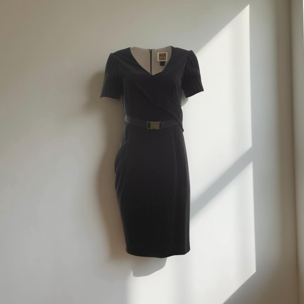 NWT Nue by Shani Black with knit sleeves belted Dress V-Neck Size 10